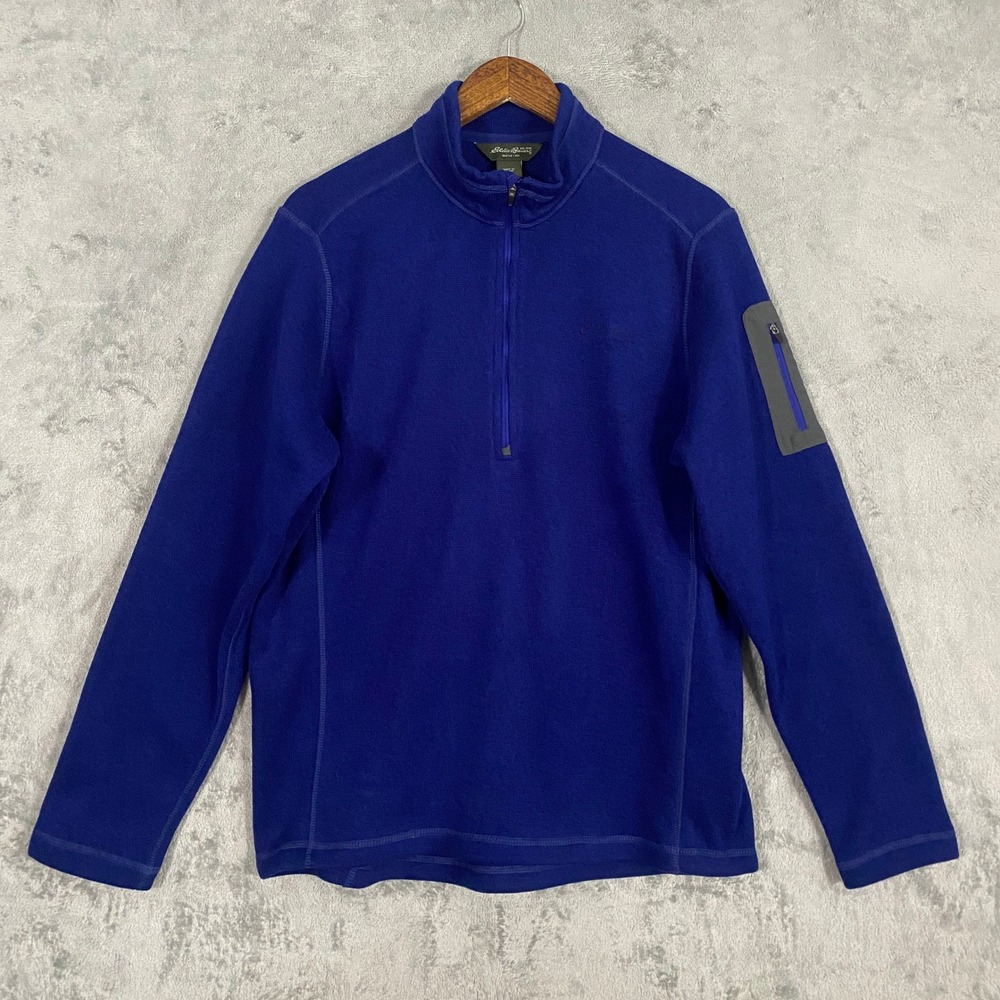 Eddie Bauer Pullover Sz L Cobalt Blue 1/4 Zip Arm Pocket Mock Neck Activewear